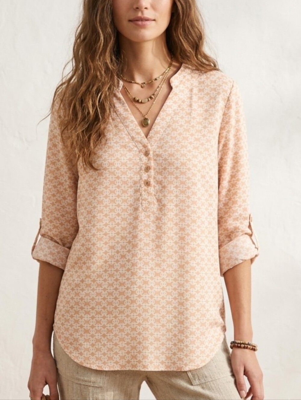 Sz S Women's Peach Patterned Roll-Sleeve Blouse